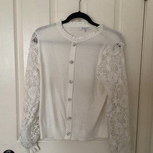 White Sioni Cardigan with Rhinestone Buttons and Puffy Sleeves Size Medium